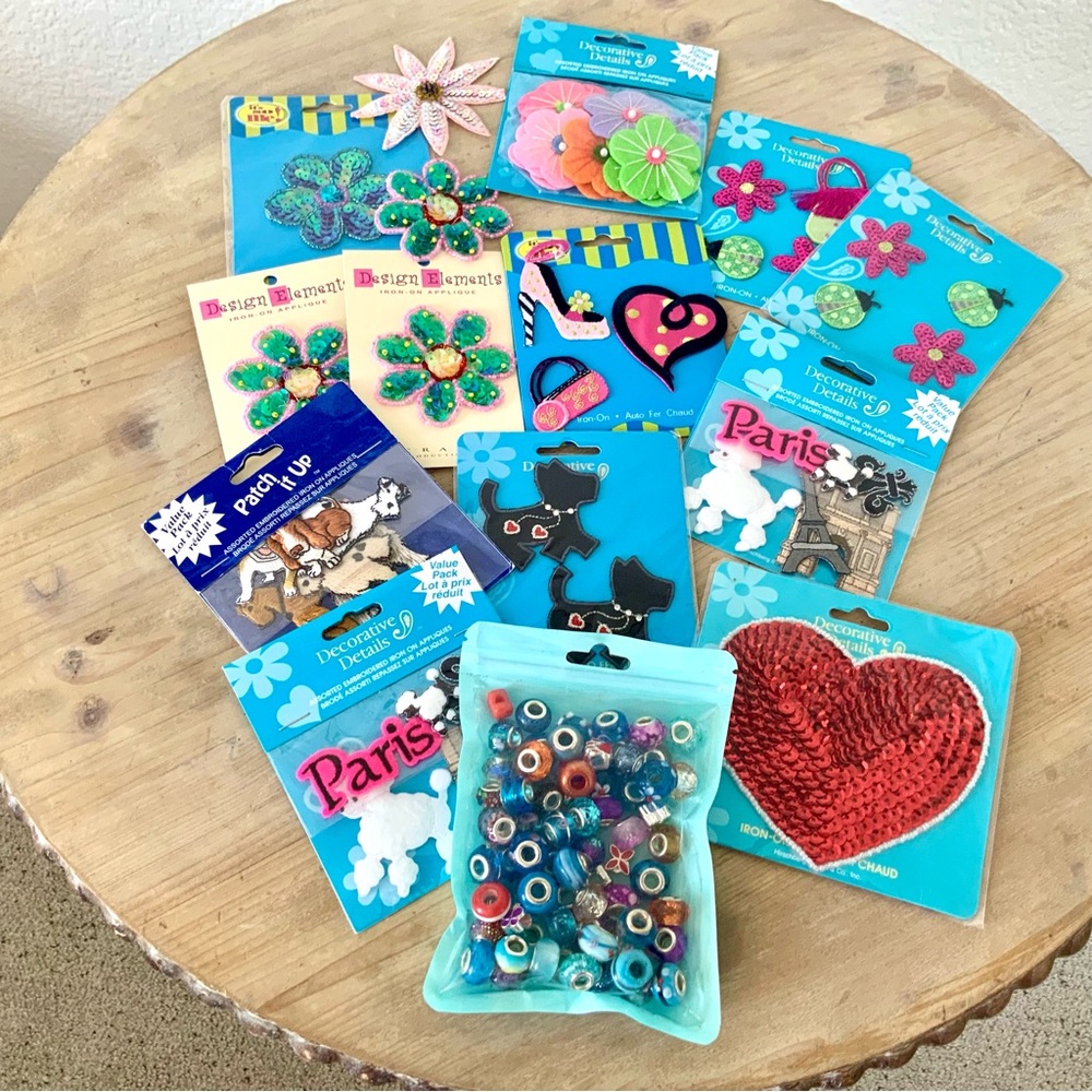 Craft Bundle 52 Iron on Patches and Bag of Beads